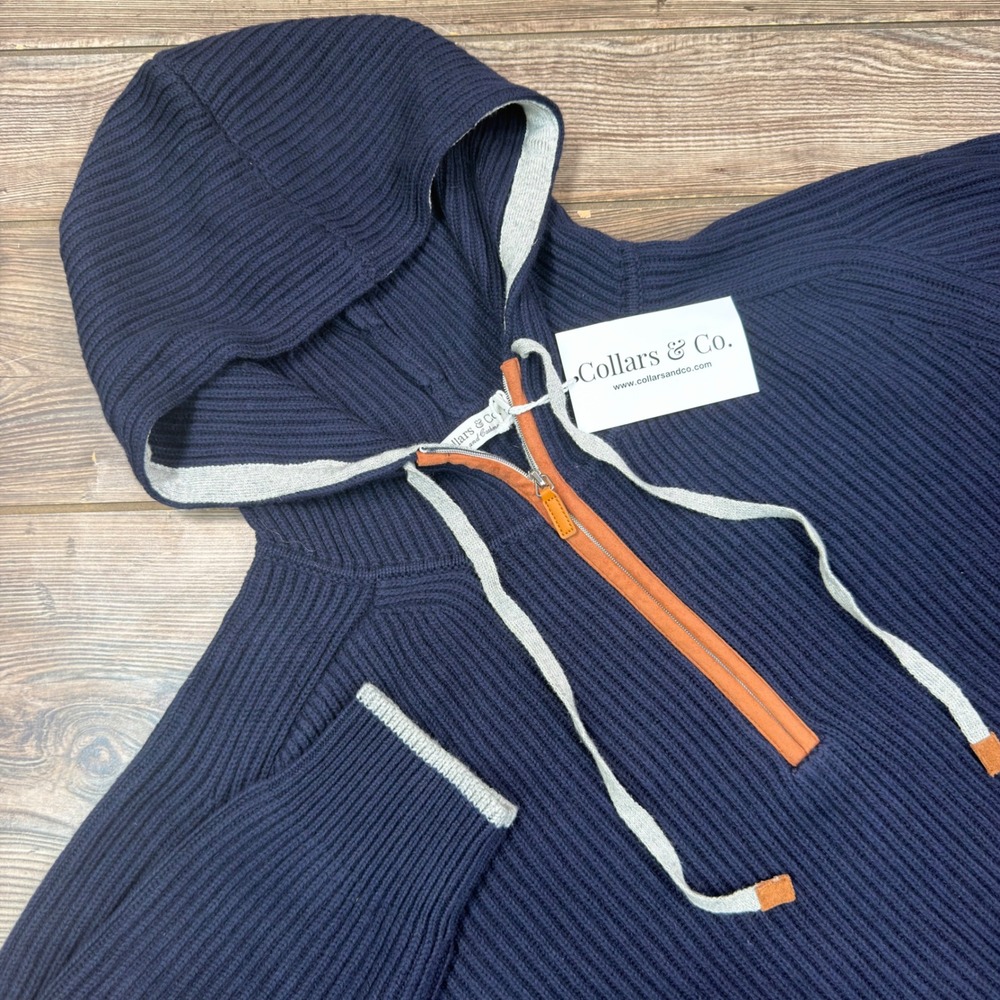 Collars & Co Mens Size 2XL Hoodie Sweater Navy Blue Cotton Cashmere Ribbed NWT